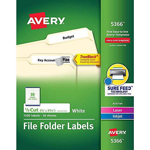 Avery 화일,파일 폴더 라벨 레이저 and 잉크 Jet 프린터 TrueBlock 테크놀로지, 3.4375 x .66 인치, 화이트, 박스 of 1500 (5366)