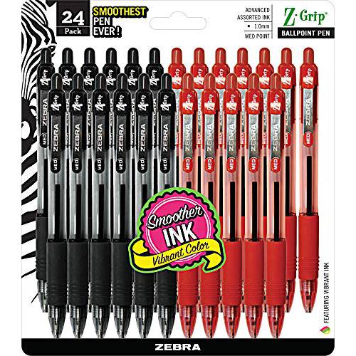 ZEBRA 펜, 벌크, 대용량 팩 of 24 잉크 펜, Z-Grip 개폐식 볼펜 미디엄 포인트 1.0 mm, 12 블랙 펜& 12 레드 펜 콤보 팩