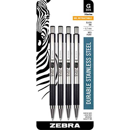Zebra G-301 스테인레스 스틸 개폐식 젤펜, 잉크펜, 미디엄 포인트, 0.7mm, 블랙 잉크, 4-Count
