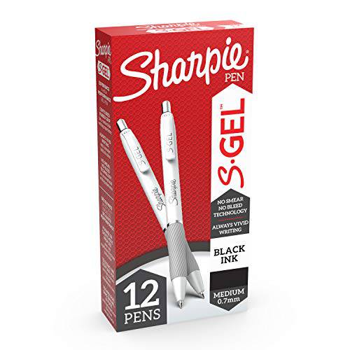 Sharpie S-Gel,  젤펜, 잉크펜, 미디엄 포인트 (0.7mm), 펄 화이트 바디, 블랙 젤 잉크 펜, 12 Count