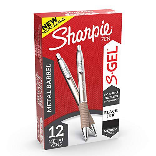 Sharpie S-Gel,  젤펜, 잉크펜, 매끄러운 메탈 배럴, 샴페인, 미디엄 포인트 (0.7mm), 블랙 잉크, 12 Count
