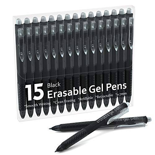 지워지는 젤펜, 잉크펜, 15 팩 블랙 개폐식 지워지는 펜 클릭형,  파인포인트팁, 가는 심, 가는 촉, Make 실수 사라지다, 블랙 잉크 필기 플래너, 다이어리 and 가로세로글자 퍼즐