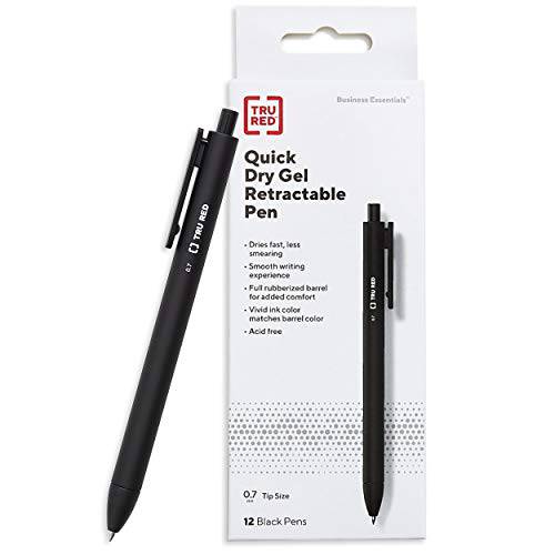 STAPLES TRU 레드 개폐식 퀵 드라이 젤펜, 잉크펜, 블랙, 0.7mm 미디엄 포인트 (1 12 펜)  Smooth-Flowing 블랙 잉크 펜 풀 고무 배럴 편안한, Acid-Free 젤펜, 잉크펜