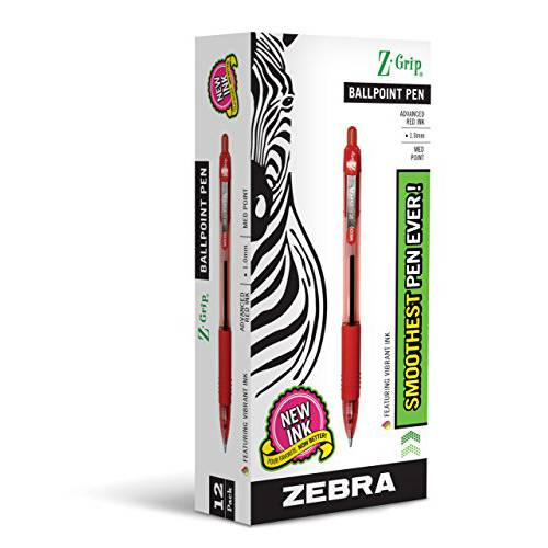 Zebra 펜 Z-Grip 개폐식 볼펜, 미디엄 포인트, 1.0mm, 레드 잉크, 12-Count