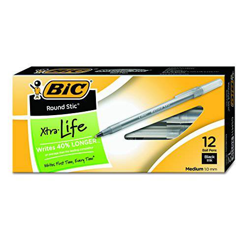 빅, BIC 라운드 Stic Xtra Life 볼펜, 미디엄 포인트 (1.0mm), 블랙, 12-Count
