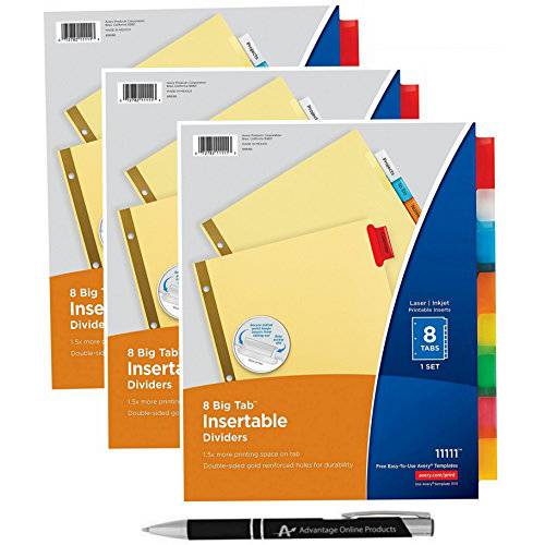 Avery 큰 탭 삽입가능 디바이더 버프 용지,종이, 8 다양한색 탭, 팩 of 3 세트 (11111) 보너스 AdvantageOP 커스텀 개폐식 펜