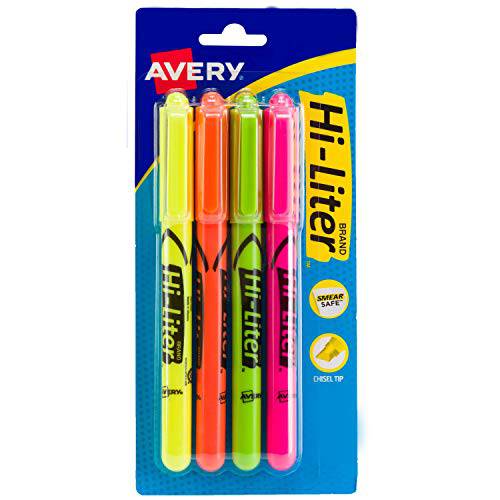 Avery Hi-Liter Pen-Style 형광펜, 번짐 세이프 잉크,  형광펜팁, 형광펜촉, 누운촉, 누운팁, 4 다양한 컬러 형광펜 (23545)