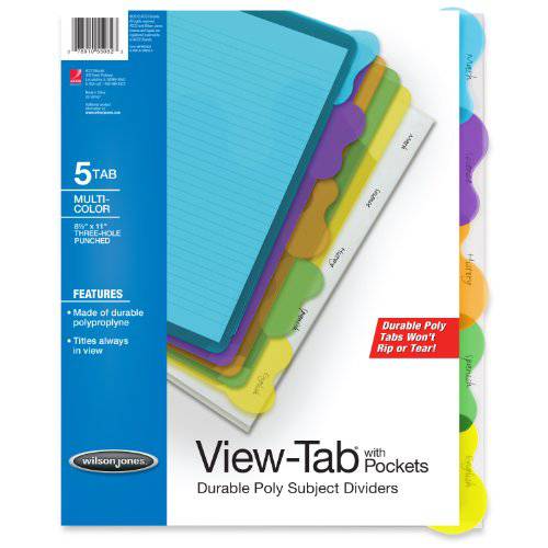 윌슨 Jones View-Tab 투명 디바이더, 학생 인덱스 포켓, 5-Tab 세트, 다양한색 탭 (W55082)