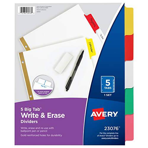 AVERY 큰 탭 Write& Erase 디바이더, 5 다양한색 탭, 1 세트 (23076), 1-pack