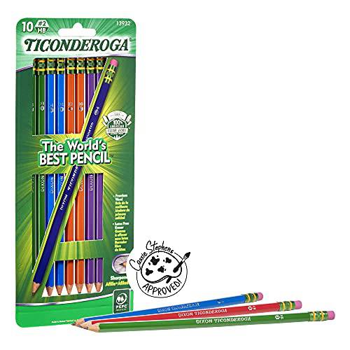 TICONDEROGA 연필, Wood-Cased 흑연, 2 HB 소프트, Pre-Sharpened, 다양한 컬러 배럴, 블랙 리드, 10-Pack (13932)