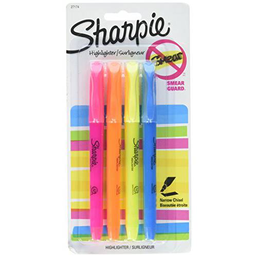 Sharpie 27174PP 포켓 형광펜, Smearguard 잉크 테크놀로지, 슬림 쉐입, 1 블리스터 4 다양한 컬러 형광펜