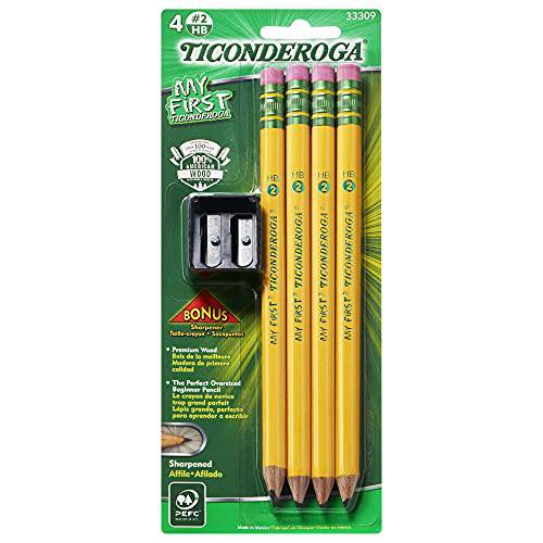 TICONDEROGA My First 연필, Wood-Cased 2 HB 소프트, Pre-Sharpened 지우개, 포함 보너스 샤프너,칼갈이, Yellow, 4-Pack (33309)
