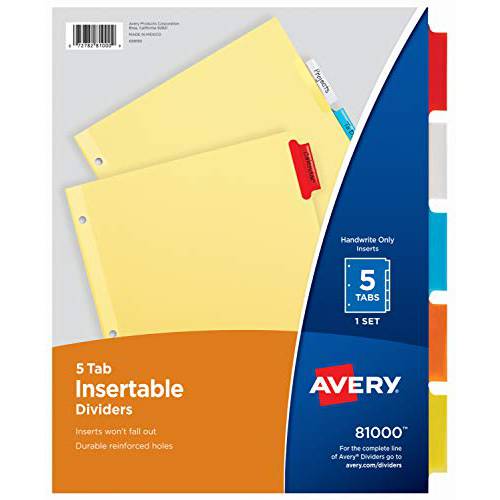 Avery 삽입가능 디바이더, 버프 용지,종이, 5 다양한색 탭, 1 세트 (81000), Yellow
