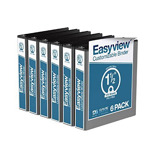 EasyView 프리미엄 1.5-Inch 바인더 Clear-View 커버, 3-Ring 바인더 학교, 오피스, or 홈, 컬러 바인더 노트북, 팩 of 6, 라운드 링, 블랙