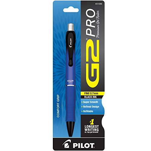 PILOT G2 프로 리필가능&  개폐식 롤링 볼 젤펜, 잉크펜,  파인포인트팁, 가는 심, 가는 촉, 블루 배럴, 블랙 잉크, 싱글 펜 (31096) (배럴 디자인 May Vary)