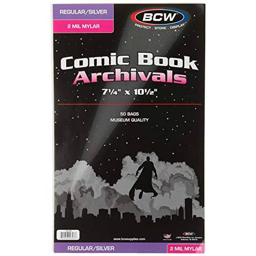 BCW 실버 Comic 마일라 백 2 mil - 코믹스, Comic 북 스토리지 수집 도구, 7 1/ 4 X 10 1/ 2 50 팩