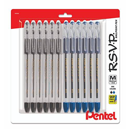 Pentel RSVP 미디엄 포인트 펜 - 볼펜 - 1.0mm - 12 팩 Of 6 블루 And 6 블랙 잉크 펜