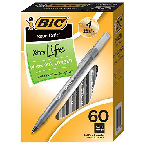 빅, BIC 라운드 Stic Xtra Life 볼펜, 미디엄 포인트 (1.0mm), 블랙, 60-Count