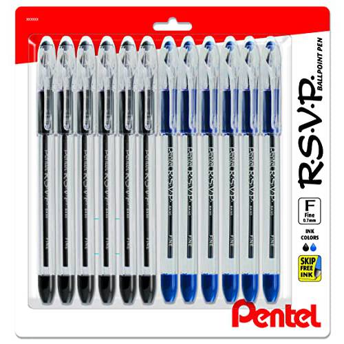 Pentel RSVP 펜 파인포인트팁, 가는 심, 가는 촉 - 볼펜 - 0.7 mm - 12 팩 Of 6 블랙& 6 블루 잉크 펜