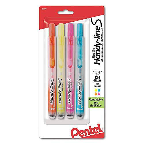 Pentel Handy-line S 개폐식 형광펜,하이라이터,  형광펜팁, 형광펜촉, 누운촉, 누운팁, 다양한 잉크 컬러, 4/ 팩 (SXS15BP4M)