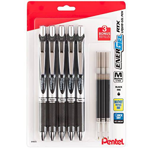 Pentel EnerGel 리퀴드 젤 잉크 펜 0.7 mm - 팩 of 5 블랙 디럭스 RTX Energel 펜 3 리필용