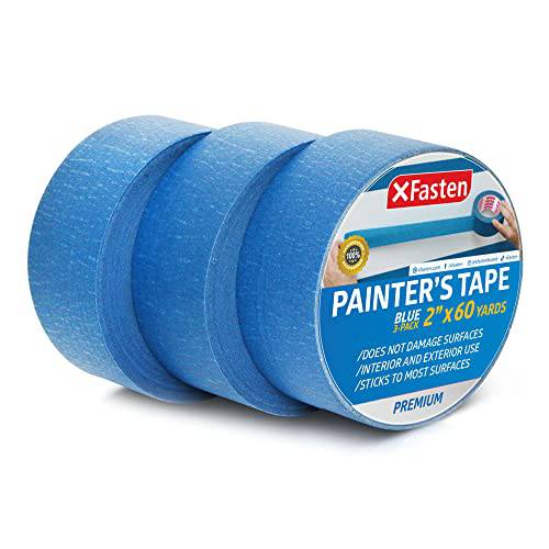 XFasten 프로페셔널 블루 화가 테이프 2-Inches x 60 Yards (3-Pack) 블루 화가 마스킹 테이프 벌크, 대용량 - 샤프 엣지 라인 테크놀로지, Produces 샤프 라인 | Residue-Free and Artisan 등급 벽면 트림 테이프
