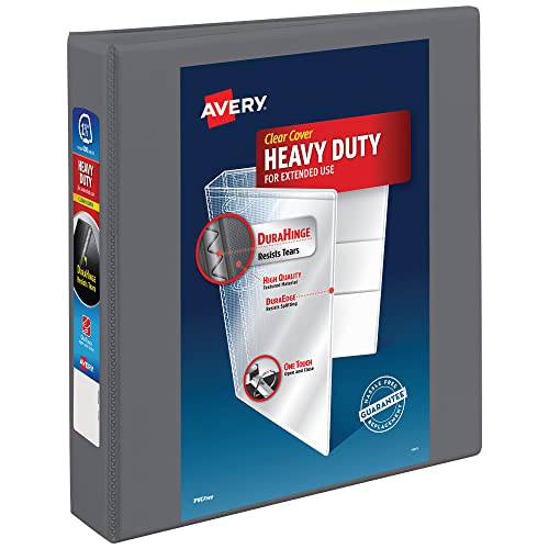 Avery Heavy-Duty 3 링 바인더, 맞춤형 커버, 1.5 인치 바인더 사선형 링, 1 그레이 바인더 (79866)