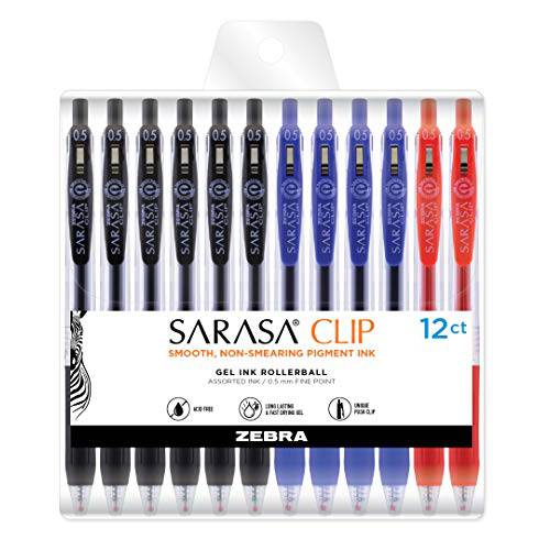 Zebra 펜 사라사 클립 개폐식 젤펜, 잉크펜,  파인포인트팁, 가는 심, 가는 촉, 0.5mm, 블랙/ 블루/ 레드 잉크, 12 팩 (44300)