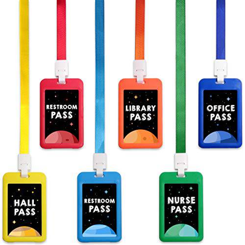 Fun-Plus Hall 패스 끈 깨지지않는 플라스틱 학교 Passes 세트 교사 and 교실 도구 Including Hall Passes of 간호사, 화장실, 도서관, Office(6 팩)