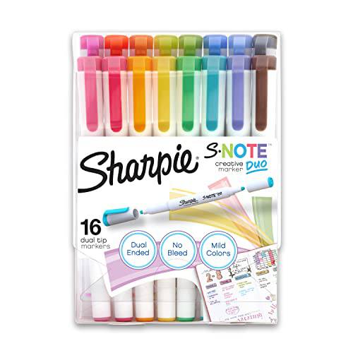 Sharpie S-Note Duo Dual-Ended Creative 마커, 부품,파트 형광펜,하이라이터, 부품,파트 아트 마커, 다양한 컬러, 파인,가는 and 치즐 팁, 포함 Stand-up 이젤, 16 Count